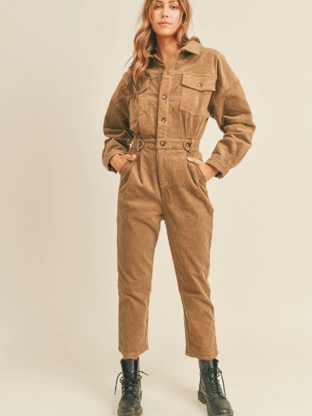 12th Tribe Corduroy Utility Jumpsuit in Camel Brown